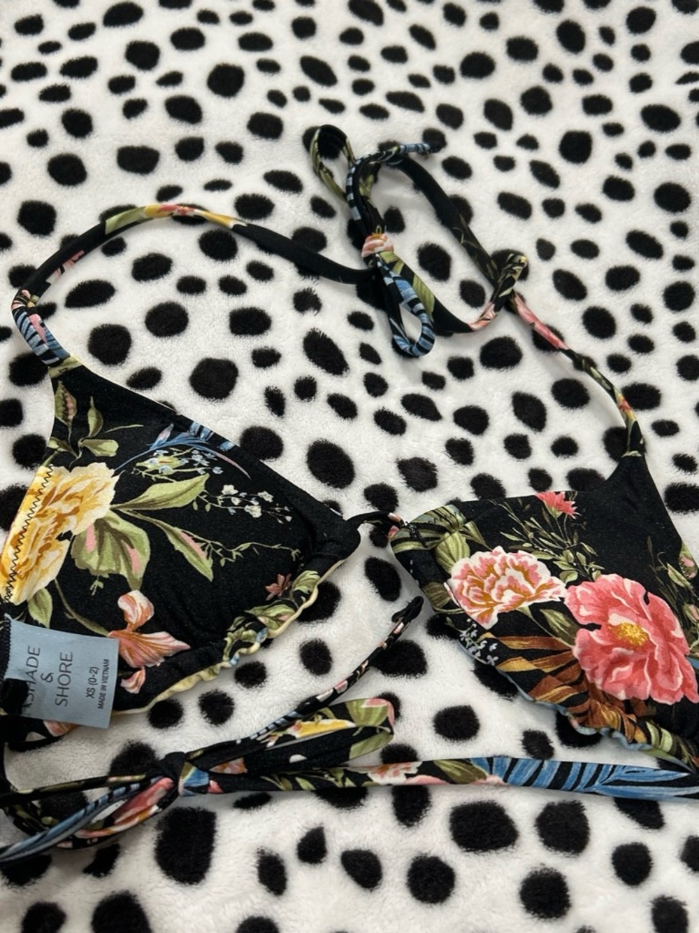Shade & Shore Black Floral Triangle Bikini Top with Pink & Yellow Blooms